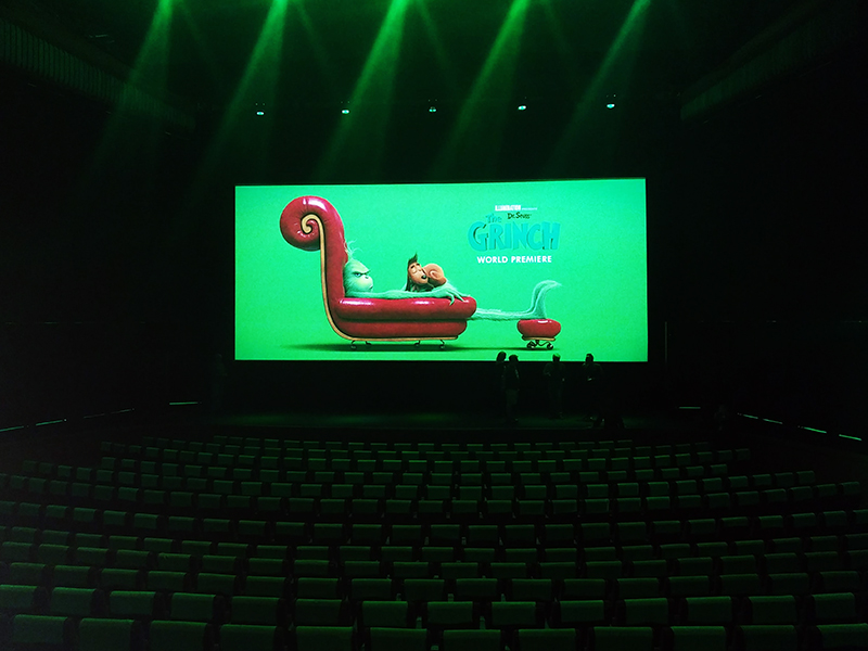 Setup for a screening of The Grinch (2018).