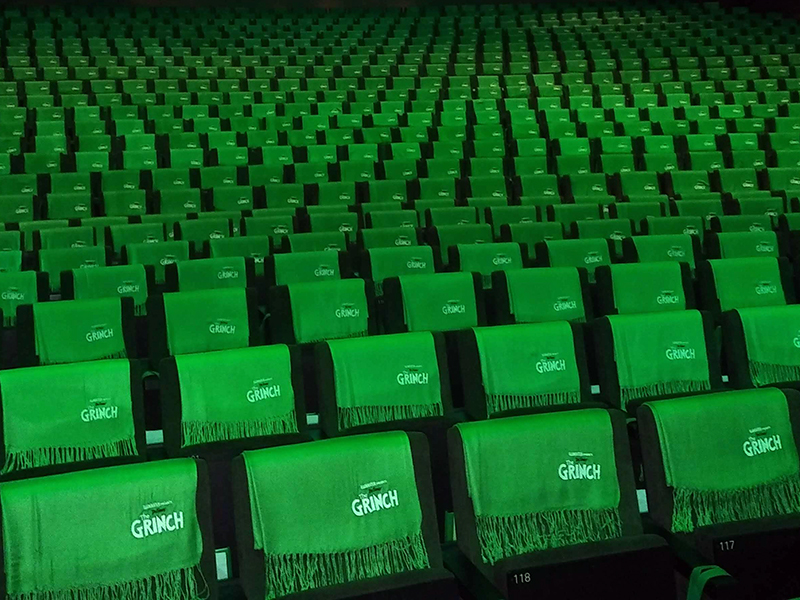 Setup for a screening of The Grinch (2018).
